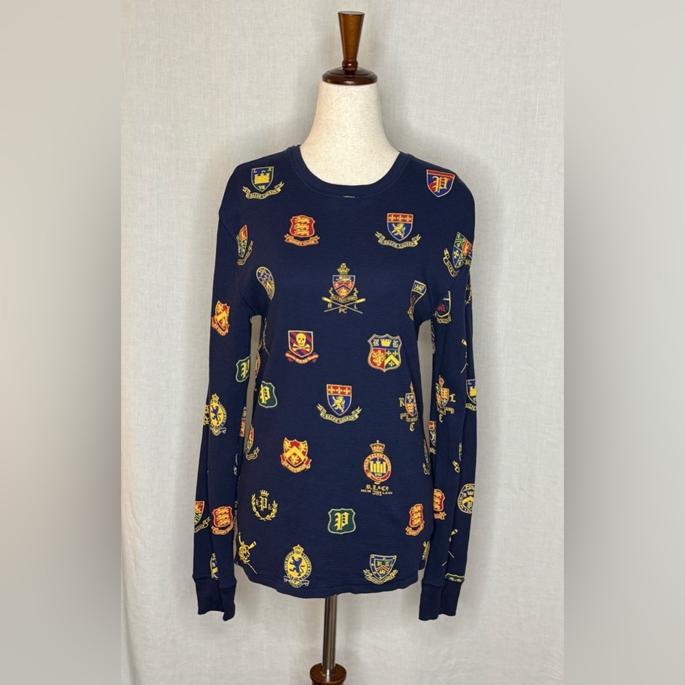 Polo Ralph Lauren Navy Long Sleeve Top with Crest Pattern